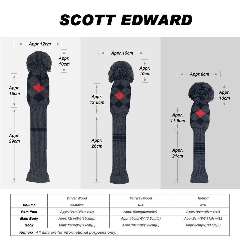 Scott Edward Grey Red Black Argyles Low-Key Style Golf Pom Pom Headcover, Long Neck, Set of 3 for Driver(460cc), Fairway Wood, Hybrid, Rotating Number Tags, Personalized Golf Accessories - Image 3